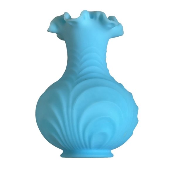 Fenton Vase Blue Satin Shell Bulbous Drapery Style Crimped Ruffle Edge 8" - Picture 1 of 7